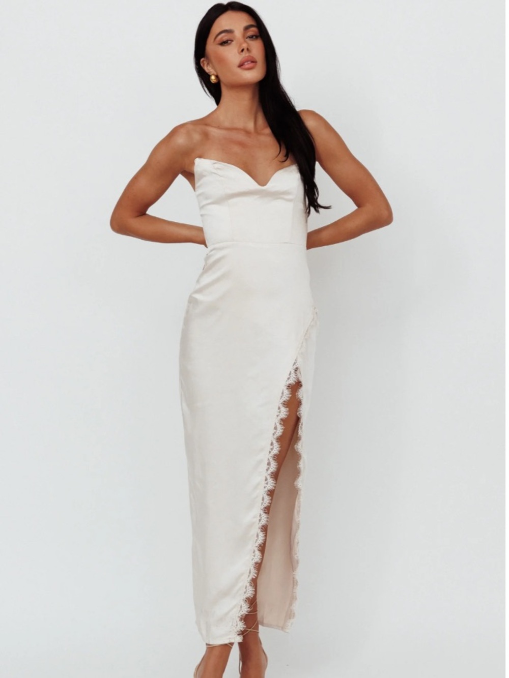 NWT Selfie Leslie Winter Moon Strapless Lace Trim Midi Dress Champagne